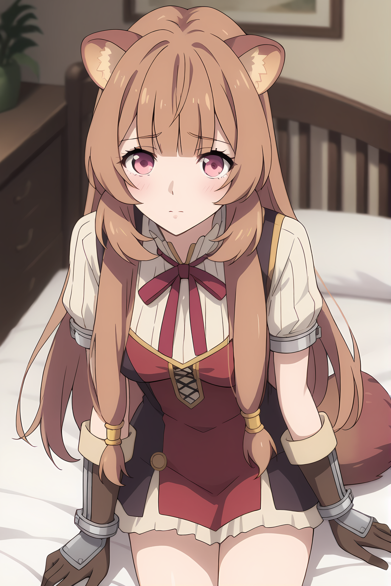 (red dress brown gloves:1.50), sh-raphtalia, pink eyes, brown hair, long hair, sidelocks, blunt bangs, raccoon ears, raccoon tail, ,
medium breasts,
1girl, solo, skinny, (source_anime, score_9, score_8_up, score_8, score_7_up), score_7, score_6_up, score_6, score_5_up, score_5, 
(horny:1.10),
(0.2indoors:1.10),
(:1.60), (:0.80),
<lora:sh-raphtalia-V01:0.80>