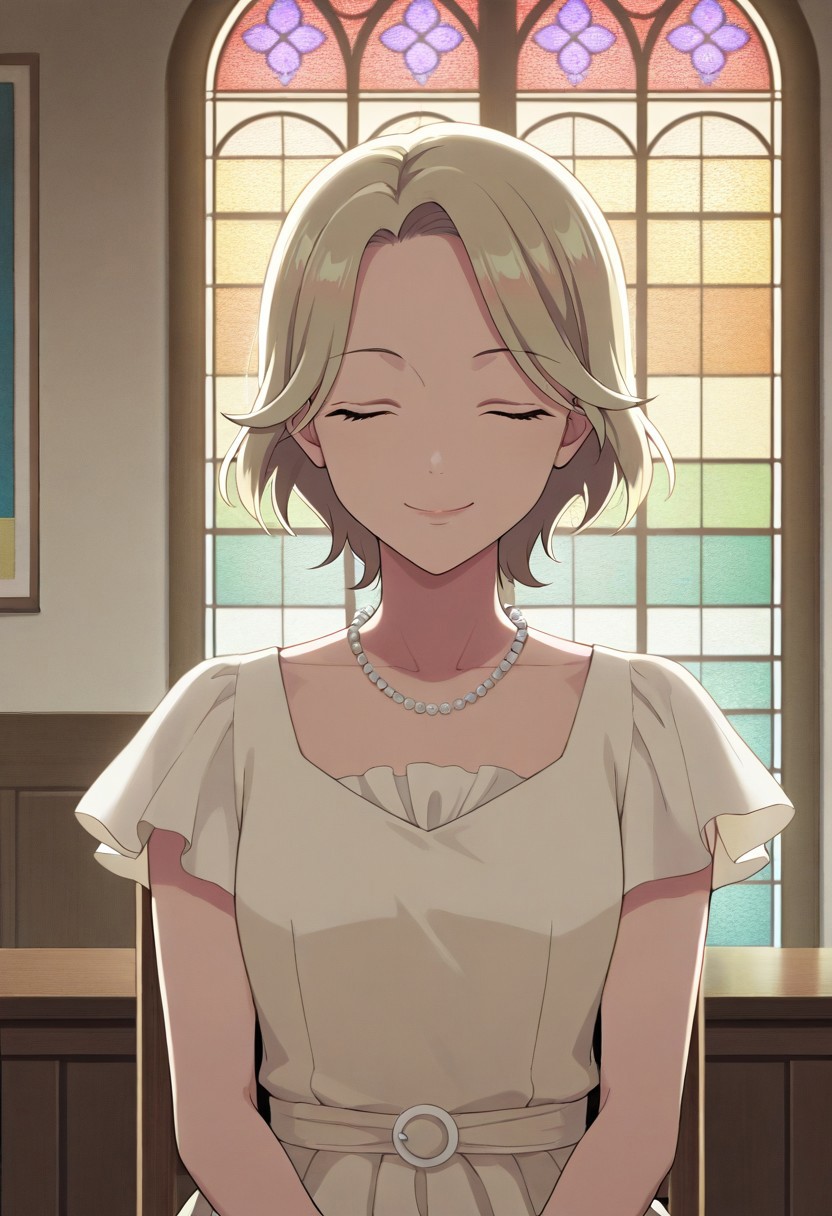 masterpiece,best quality,amazing quality, kudou hazuki, short hair, blonde hair, 1girl, solo, closed eyes, smile, necklace, jewelry, pearl necklace, chair, short sleeves, stained glass, indoors