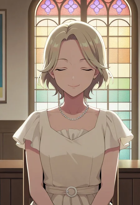 masterpiece,best quality,amazing quality, kudou hazuki, short hair, blonde hair, 1girl, solo, closed eyes, smile, necklace, jewelry, pearl necklace, chair, short sleeves, stained glass, indoors