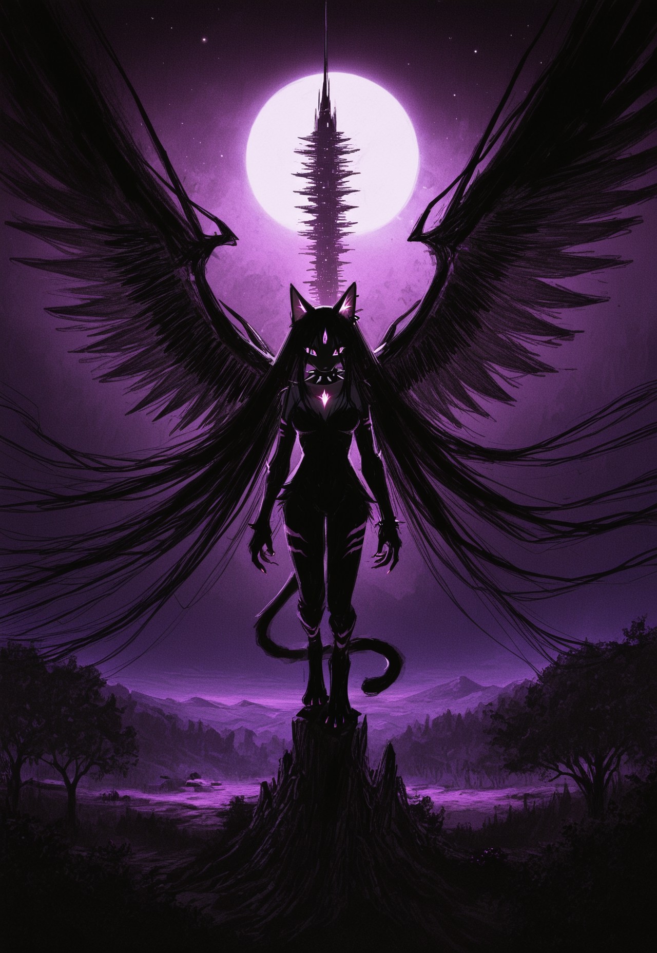 masterpiece, best quality, good quality, very awa, newest, highres, absurdres, highres, very aesthetic, (furry:1.5), fur, fur covered, (no humans:1.3). fuyumur4s4ki_illu, IDT, CHOo1NE_illu,
BREAK,
1girl, solo, furry anthro cat, cat ears, cat tail, dark purple fur, extremely long black hair, medium breasts, wings, shoulder top, pink eyes, spiked collar, scenery, futuristic tower, trees, glowing sky, dramatic pose,
BREAK, high contrast lighting, complementary colors, dynamic lighting, harsh light, depth of field, detailed background, evocative composition, dynamic contrasts