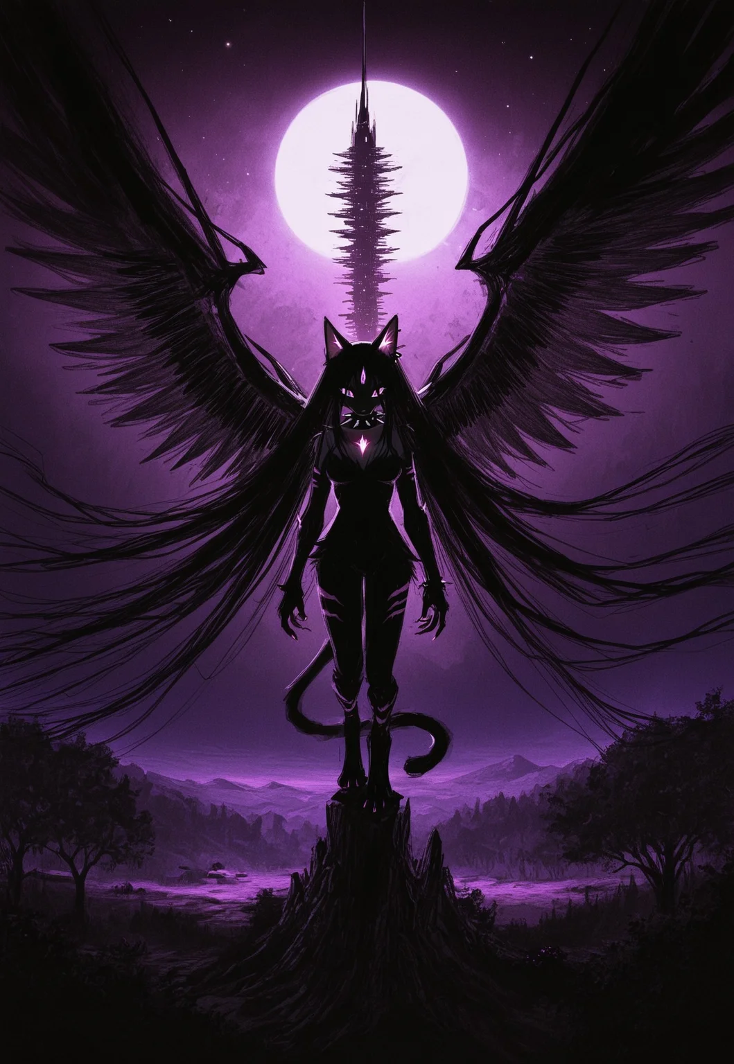 masterpiece, best quality, good quality, very awa, newest, highres, absurdres, highres, very aesthetic, (furry:1.5), fur, fur covered, (no humans:1.3). fuyumur4s4ki_illu, IDT, CHOo1NE_illu,
BREAK,
1girl, solo, furry anthro cat, cat ears, cat tail, dark purple fur, extremely long black hair, medium breasts, wings, shoulder top, pink eyes, spiked collar, scenery, futuristic tower, trees, glowing sky, dramatic pose,
BREAK, high contrast lighting, complementary colors, dynamic lighting, harsh light, depth of field, detailed background, evocative composition, dynamic contrasts