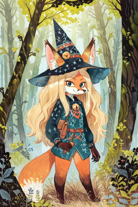 (anthro fox girl:1.4),(blonde hair:1.2),(solo:1.5),ameli
forest,witch outfit and hat,grass,cowboy shot, looking at viewer, smile
<lora:Perfect Hands:1> <lora:age_slider_v4:-2> <lora:Ameli:0.85>, score_9, score_8_up, score_7_up, score_6_up, score_5_up, score_4_up,zPDXL