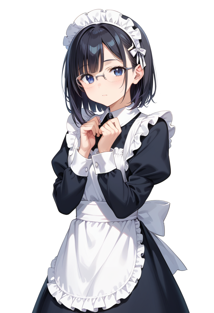 score_9, score_8_up, score_7_up, rating_safe, masterpiece, best quality, absurdres, unity 8k wallpaper, official art, official style, source_anime, uncensored, game cg, megami magazine,
1girl, solo, black hair, medium hair, upper body, covered eyes,maid, maid headdress, black dress, maid apron, face focus,
halfrim17s,  still life, white background, simple background, grey-framed eyewear,
 <lora:glasses_halfrim17S_PONY_V1:1>