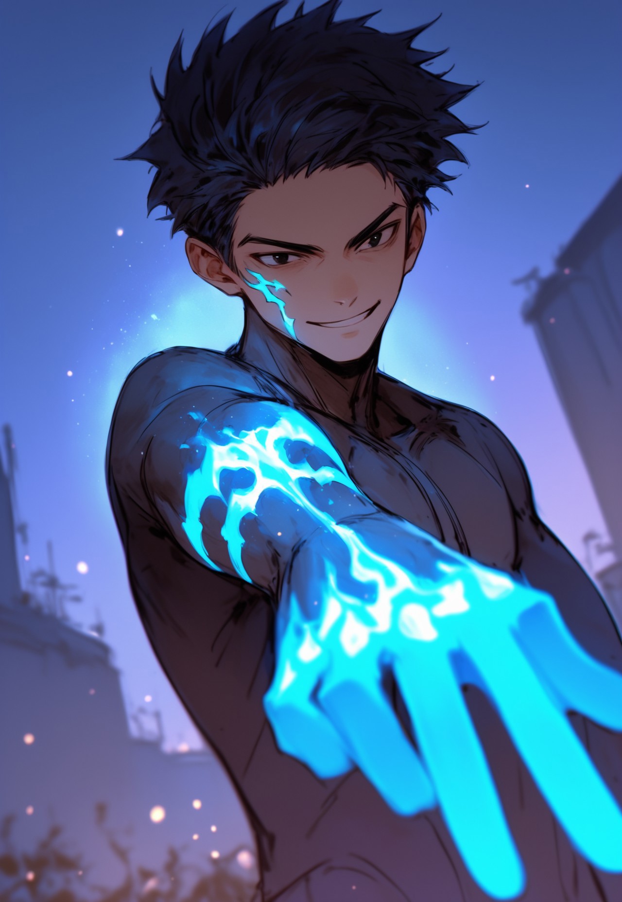 score_9, score_8_up, score_7_up, score_6_up, black hair,short hair,black eyes, glow blue, in the style of speedpainting, dark white and dark gray, dom qwek, wlop, iconic, solo leveling anime, glowing power, magic, Glo3w, glowing, blue power, blue glowing, blue glowing tattoos, outdoors, dynamic pose, dynamic angle, 1boy, clench his fist, confident, smirk, night, outdoors, 