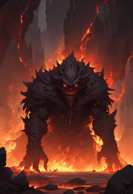 "Inside a vast, dark volcanic cave, the walls glow with the fiery red-orange light of molten lava flowing through cracks in the stone. In the center of the cave stands Shadow Fiend, Nevermore, a towering, menacing figure cloaked in darkness and shadowy flames. His glowing red eyes pierce through the gloom as he stands tall, his sharp claws outstretched, radiating an aura of dread and power. The ground beneath him is scorched, with small embers rising around his feet. He looks down the cave tunnel with a mix of impatience and malevolence, waiting for a worthy challenger to step into his domain. The scene is filled with an intense, oppressive atmosphere, with smoke and heat swirling in the air, making the cave feel like the very heart of a volcano."