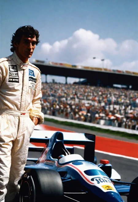 create a realistic, high quality portrait image of 1980s, Ayrton Senna, head and shoulders, Grand Prix,racing driver, racetrack,outdoors,sky blue,day, facing viewer cloud, blue sky,_p_style, car Williams formula 1,barriers, <lora:VintagePPXL:1>, (masterpiece, best quality, ultra-detailed, best shadow), high contrast, (best illumination), ((cinematic light)), colourful, hyper detail, dramatic light, intricate details, ultra detailed artistic photography, lit from front ultra high definition, 8k, ultra sharp focus, ultra high quality, soft lighting, film photography, analogue photography, hyperrealism, no racing cars