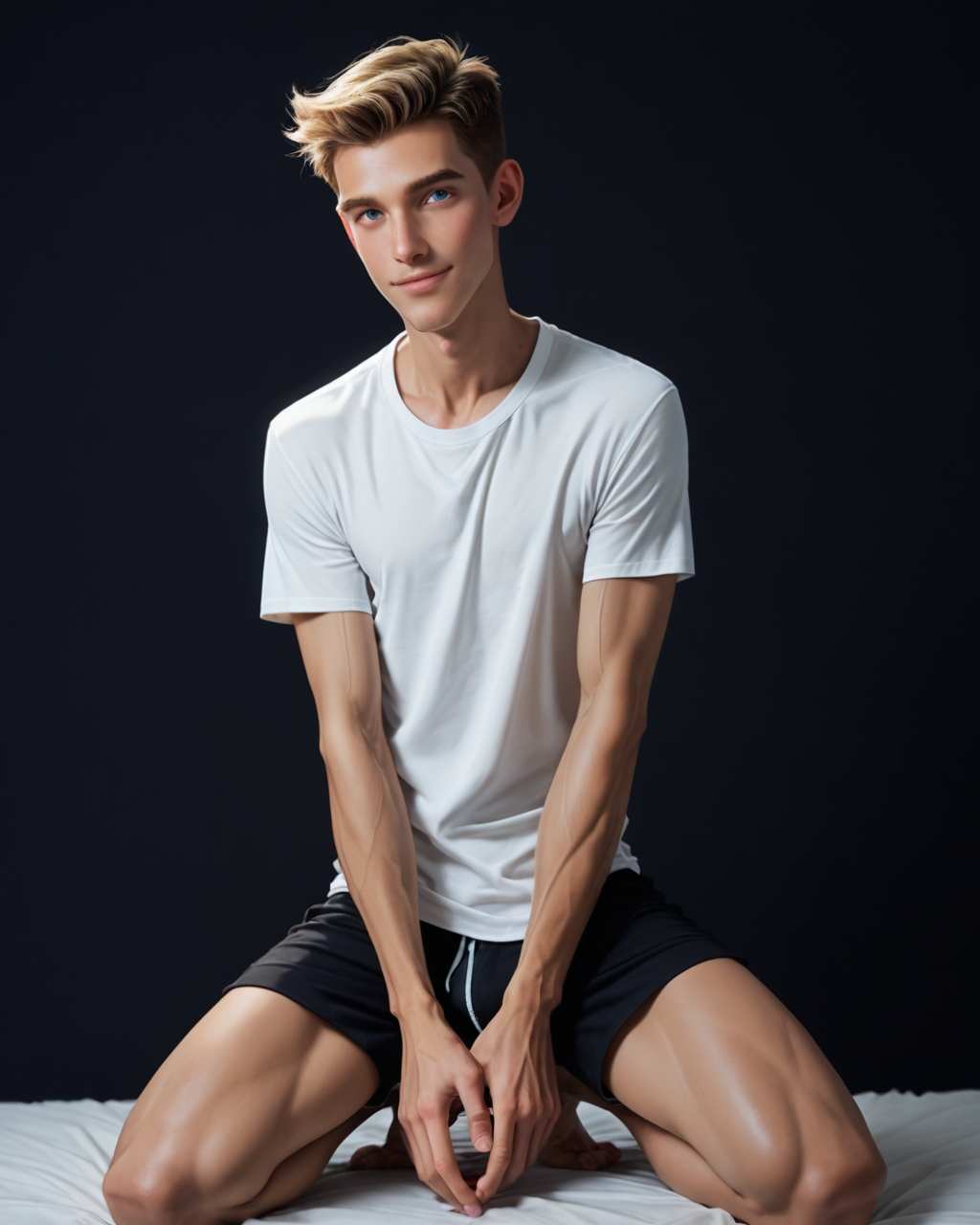 score_9, score_8_up, score_7_up, score_6_up, score_5_up, score_4_up, rating_questionable, 
<lora:Jabstyle_AMXLV1:1>,Jabstyle,
intricately detailed, photo studio with black backdrop, black background,
1boy(human, glistening skin, handsome, sexy, seductive, posing, looking at the viewer, friendly expression, kneeling,
pale skin, european, blond hair, 
twink, slender, 
loose t-shirt, shorts),
depth of field, 
<lora:xl_more_art-full_v1:0.4>,
<lora:add-detail-xl:0.4>