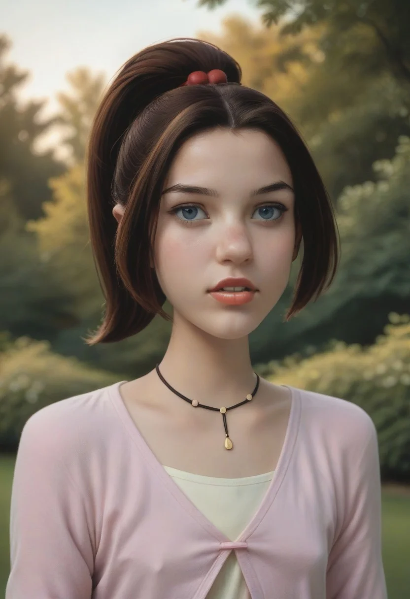 score_9, score_8_up, score_7_up, realistic photo of ktprd, 18-year-old 1girl, unique angle, unique framing, upper body, face focus, (looking at viewer), parted lips, 1girl, brown hair, high ponytail, orange lips, blue eyes, cord necklace, pink one-button cardigan, cream t-shirt, by loish, masterpiece, lips parted, slim figure, petite, (outdoors, park, blurred background, shadowed background), side lighting, warm lights
