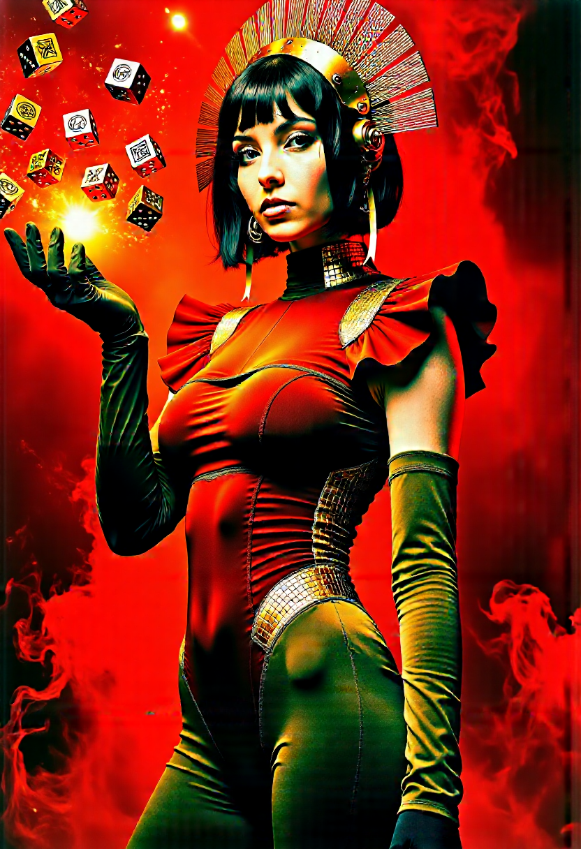 A striking portrait of a futuristic and sexy owhx_woman, standing confidently against a smoky, glowing background of warm reds and oranges looking at the viewer. Her outfit is a form-fitting bodysuit with a dual-toned design: deep red and olive green, accented with subtle golden ruffles on her shoulders and hips. The fabric is smooth and detailed, hugging her figure while exuding both elegance and a touch of avant-garde fashion, huge_breasts. Her left arm is adorned with matching long gloves, emphasizing her poised and composed stance. Her hairstyle is bold and asymmetrical, featuring short, sleek black hair with a partially shaved side that reveals intricate geometric patterns. She wears an elaborate, angular headpiece that fans out like a futuristic crown, made of thin metallic rods in gold and bronze tones, with dangling ribbons adding a touch of delicacy. Her makeup is dramatic, with dark eyeliner and hints of red around her eyes, complemented by a soft, glossy lip color, skintight_leggings. She is depicted mid-action, her hand gracefully raised as if summoning or manipulating small, glowing, golden dice that float effortlessly in the air. The dice have intricate runic engravings that catch the light, giving them a mystical and futuristic feel. The background is rich with smoky textures and glowing, diffused light, enhancing the warm tones of the scene and creating a dramatic, cinematic atmosphere.
