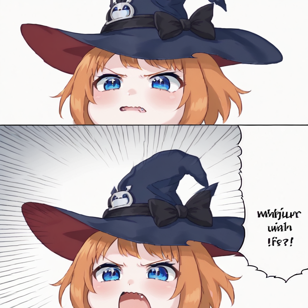 1GIRL <lora:meteoraponyxl:0.6> meteora , 1girl, solo, short orange hair, blue eyes, witch hat ,jacket  ,2KOMA , FANG, COMIC ,OPEN MOUTH ,EMPHASIS LINES, <lora:angrynoises-000005:1>