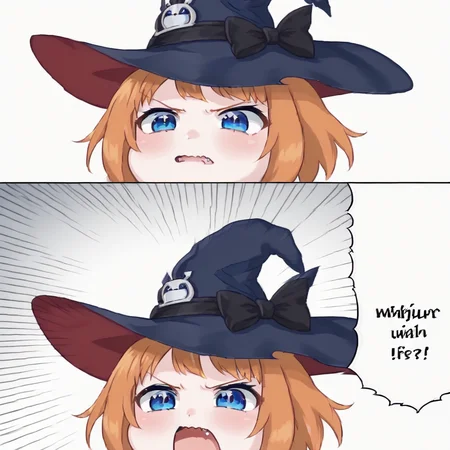 1GIRL <lora:meteoraponyxl:0.6> meteora , 1girl, solo, short orange hair, blue eyes, witch hat ,jacket ,2KOMA , FANG, COMIC ,OPEN MOUTH ,EMPHASIS LINES, <lora:angrynoises-000005:1>