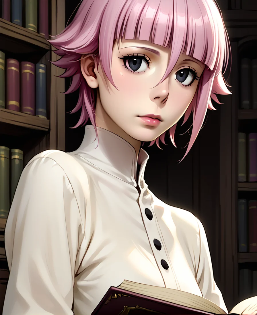score_9, score_8_up, score_7_up, score_6_up, score_5_up, score_4_up, BREAK source_anime,
<lora:soul_eater_pony:0.8>,overall detail,detailed shadows,realistic lights,low contrast,eye detail,
souleaterstyle,score_9,crona,1girl,solo,short hair,bangs,closed mouth,pink hair,indoors,black eyes,book,bookshelf,masked demon