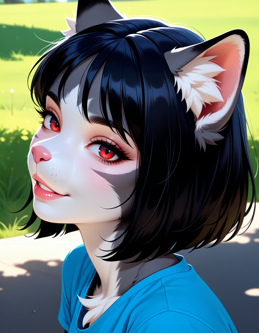 masterpiece, best quality, very aesthetic, absurdres,
outdoors,
t-shirt,
headshot, face focus,
seductive smile, parted lips, long eyelashes,
<lora:Molly_v01_NAIXL:1>
Duska,1girl,solo,furry,female,cat girl,short hair,bob cut,black hair,bangs,cat ears,animal ear fluff,red eyes,animal nose,body fur,two-tone fur,grey fur,white fur,