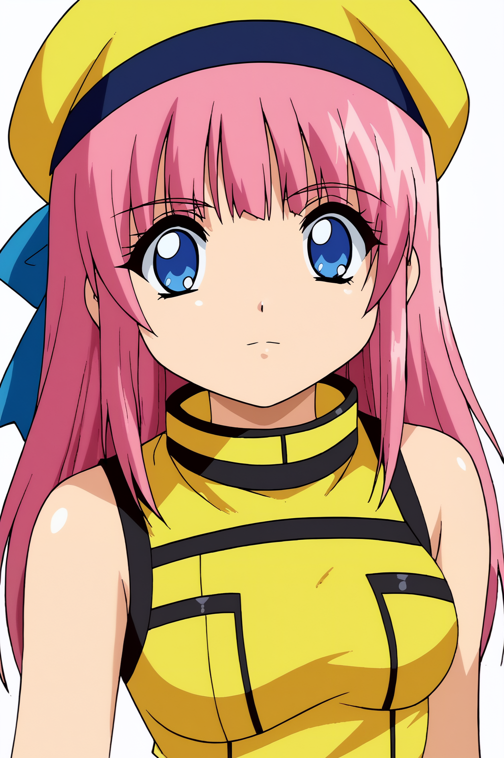 <lora:JoscoePOREvoPDXL:0.8>, white background,  Kotoko, solo, looking at viewer, hat, upper body, sleeveless, yellow uniform, border, yellow beret, black border
