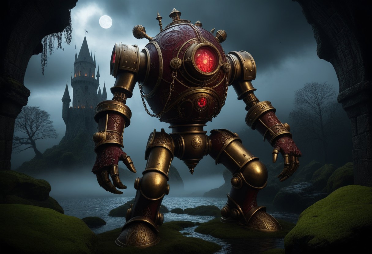 giant bipedal robot brass and dark red, bronze paisley robot. lacy robot metal. diving helmet head. outside of a steampunk keep. large detailed torso. dark image. one forty foot tall ancient robot with great arms and two heavy spring legs. dark foggy night background. $dark foggy night image only. dark photo realistic image. steampunk details. cogs, chains and pipes incorporated in the fantasy buildings. magic wizards tower in background. Dark swamp, moss, castle ruins, wizards tower. stormy dark night.  stormy sky.