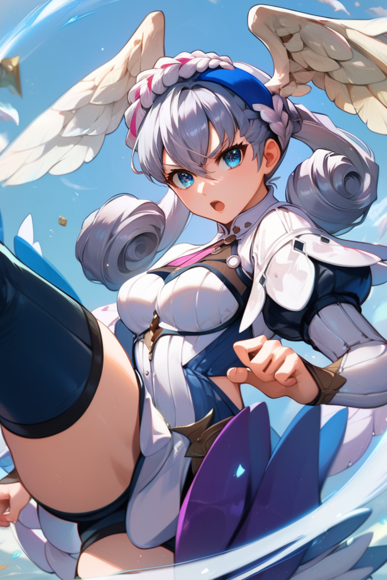 score_9, score_8_up, score_7_up, very aesthetic, source_anime, detailed, high quality, beautiful, masterpiece, detailed eyes,
<lora:lightXL:0.8>
simple background, blurry background,
<lora:action-sdxl-V0.5:1>zdyna_pose
dynamic angle, 
kick, kicking, serious, open mouth, leg focused,
<lora:melia_autismConfetti_v01:0.9>
melia antiqua, curly hair, blue eyes, crown braid, head wings, hair between eyes, silver hair,
puffy sleeves, thighhighs, hip armor, hairband, thigh boots, short dress, thigh cutout,  pink ribbon,, zPDXL