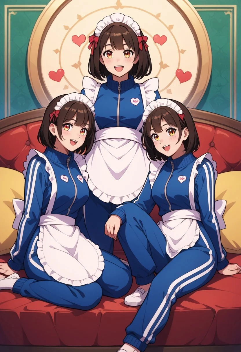 score_9, score_8_up, score_7_up,
masterpiece, best quality, detailed, amazing quality,
detailed background, colorful, border, pillows,
detailed face, detailed eyes,
dynamic pose, sitting, 
3women, multiple women, happy, looking at each other,
easynegative,
ja-jimeido, frill, tracksuit, heart, maid headress, apron, bow, 