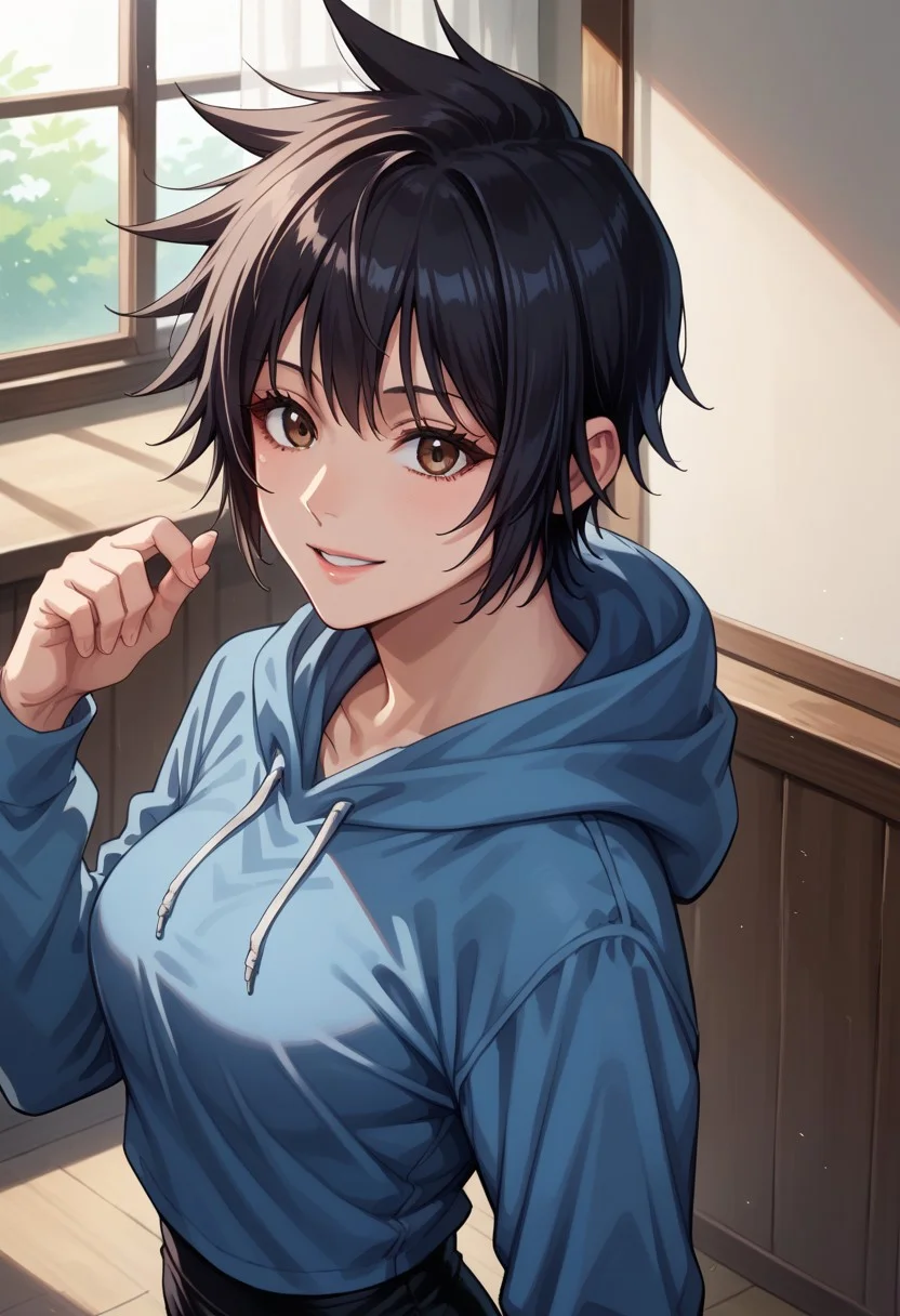 anime artwork, score_9, score_8_up, score_7_up, score_6_up, score_5_up, solo, perfect eyes, detailed eyes, beautiful female, detailed face, dynamics lines, 20 year old, perfect beautiful face, long eyelashes, sharp eyes pupils, (room:1.3), (upper body:1.5), medium breasts, 1girl, black hair, short hair, spiked hair, bangs, brown eyes, blue hoodie, long sleeves, black pants, white sneakers, smile, above view