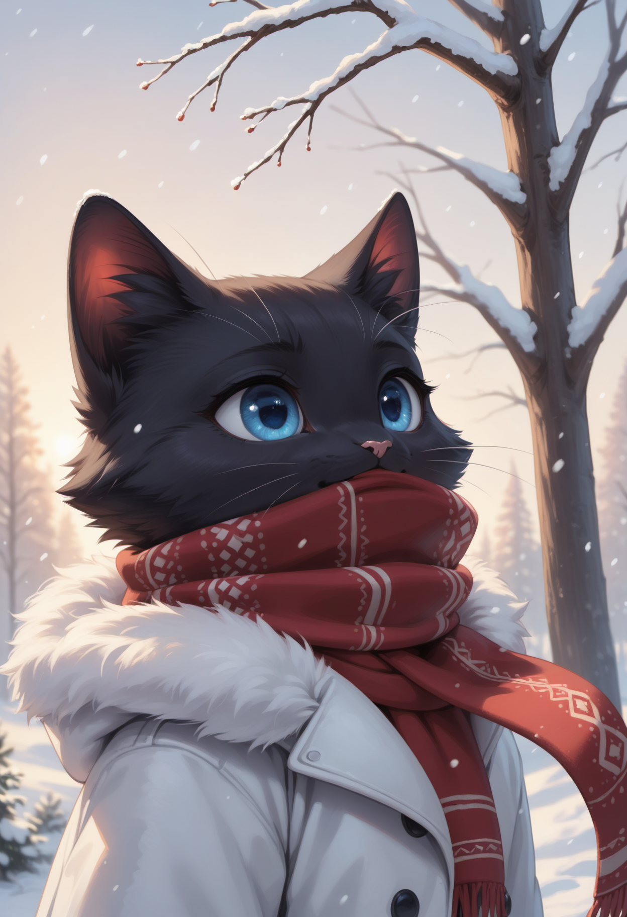 score_9, score_8_up, score_7_up, source_furry, high quality, perfection, detailed, aesthetic, well-lighted,
winter, white background, snow, snowfall, snowflakes focus,
1girl, solo, (side view:1.1), face focus, close-up,
furry female, anthro, furred body, fluffy fur, beautiful girl, cute girl, young, youthful, beautiful face, beautiful eyes, perfect eyes, detailed eyes,
(cat girl), (black fur:1.2), one-tone fur, blue eyes, (no hair, hairless, bald), big eyes,
winter clothes, oversized fur coat, white coat, huge scarf, red scarf, (scarf over mouth: 1.3),
facing ahead, looking up, awe,
<lora:princess_xl_v2:0.6>, <lora:p_ami_v10_adafactor:0.4>, <lora:incase-ilff-v3-4:0.5>, <lora:CleanDetailed_Eyes:0.25>,âââ