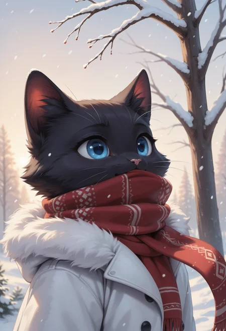 score_9, score_8_up, score_7_up, source_furry, high quality, perfection, detailed, aesthetic, well-lighted,
winter, white background, snow, snowfall, snowflakes focus,
1girl, solo, (side view:1.1), face focus, close-up,
furry female, anthro, furred body, fluffy fur, beautiful girl, cute girl, young, youthful, beautiful face, beautiful eyes, perfect eyes, detailed eyes,
(cat girl), (black fur:1.2), one-tone fur, blue eyes, (no hair, hairless, bald), big eyes,
winter clothes, oversized fur coat, white coat, huge scarf, red scarf, (scarf over mouth: 1.3),
facing ahead, looking up, awe,
<lora:princess_xl_v2:0.6>, <lora:p_ami_v10_adafactor:0.4>, <lora:incase-ilff-v3-4:0.5>, <lora:CleanDetailed_Eyes:0.25>,âââ