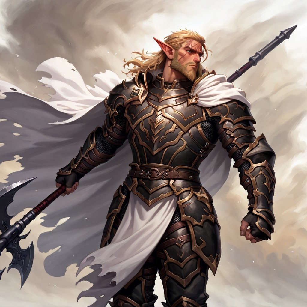 masterpiece, best quality, newest, absurdres, highres, 
D3-ART-V1.0, 
1boy, manly, elf, beard, muscular male, blonde, blonde hair, pointy ears, scar, scar on face, armor, cape, chestplate, chest armor, black armor, black leather, white cape,
dynamic pose, polearm, holding polearm, holding weapon, weapon, halberd, holding halberd