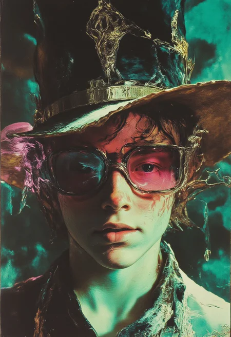 grainy picture in a dim lit room, shiny (High contrast pink and green , grainy picture), Top view, fashion cap , 1girl, face hidden, smile, Cap , yellow green , outlines, shading in one color,pink tinted sunglasses, holding the hat to hide face, ribbon tied on hat, noise,