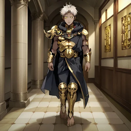 source_anime, anime screenshot, anime colouring, highly detailed, intricately detailed illustration,  Palace background, indoors, solo, 1male, Dark skin, white hair, yellow eyes, male focus, black cloak, black pants, barefoot, 5 toes, leg armor, gold leg armor, shin armor, shoeless leg armor, itadori yuuji, itadori_facial mark, standing, sideview