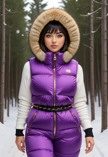((((puffer padded jacket)))), ((((puffer padded coat)))), ((((full body)))), ((((fur boots)))), ((((puffer pants)))), ((((puffer hood up)))), winter, snow, forest, 1girl, solo, (masterpiece), detailed face, detailed eyes, (beautiful detailed eyes:1.5), sidelighting, (super detail, hyper detail, intricate_details, detailed), (semi realistic:1.6), (Bob cut), blunt bangs,(black hair), (purple eyes, eyelashs), tanned skin, smug smile, angry face, Golden jewelery, golden rings, golden necklace, golden armlets, golden chains, padded collar, Thick padded collar, <lora:Collar-SDXL:0.6>, <lora:cropped_puffer_vest_v2:0.4>, <lora:snowpants_v1:0.4>
