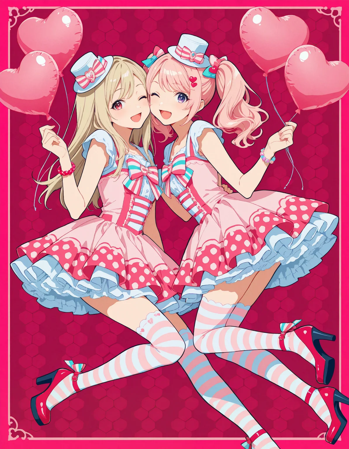 (flat_colors:1, anime_coloring, vector_trace:1), incredibly_absurdres, very_aesthetic, dutch_angle)
(MCHI-Illu, (pink theme, border, honeycomb (pattern), polka_dot, ), j-fashion, neon_palette, feet_out_of_frame, multiple girls, 2girls, balloon, one eye closed, twintails, heart, long hair, thighhighs, bow, hair ornament, hat, hearts, open mouth, hair bow, bracelet, striped, looking at viewer, smile, blonde hair, multicolored bow, red footwear, jewelry, dress, high heels, heart balloon, red background, mini hat, asymmetrical legwear, heart hair ornament, pink hair, ;d)