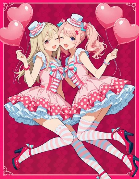 (flat_colors:1, anime_coloring, vector_trace:1), incredibly_absurdres, very_aesthetic, dutch_angle)
(MCHI-Illu, (pink theme, border, honeycomb (pattern), polka_dot, ), j-fashion, neon_palette, feet_out_of_frame, multiple girls, 2girls, balloon, one eye closed, twintails, heart, long hair, thighhighs, bow, hair ornament, hat, hearts, open mouth, hair bow, bracelet, striped, looking at viewer, smile, blonde hair, multicolored bow, red footwear, jewelry, dress, high heels, heart balloon, red background, mini hat, asymmetrical legwear, heart hair ornament, pink hair, ;d)