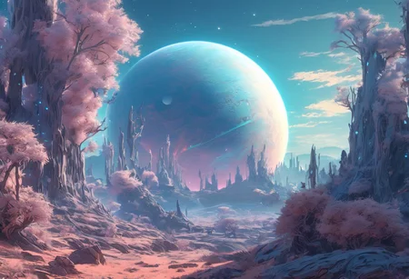 Planet view, beautiful sky, apocalyptic, silhouette, space, Complex landscape, best quality, pastel colors, light blue tint, aesthetic Ethereal, Effulgent, Idyllic atmosphere, Tranquil, ethereal quality, cinematic volume, Twinkling lighting, glowing aura, global illumination, glowneon, Anisotropic Filtering, Unrivaled Opus, Unconventional, hyper detailed, HDR,