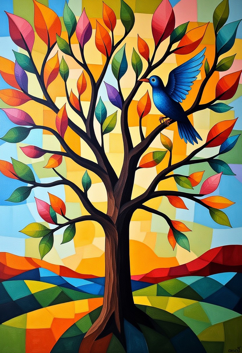 Cubism painting of birds in a tree