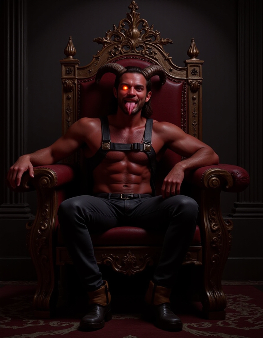 Pony_Flux_002, The image is a highly detailed, CGI-rendered digital artwork depicting a muscular, demonic figure seated in a grand, ornate throne. The figure, a male, has a menacing, muscular physique with a deep, crimson skin tone and a pair of large, curved horns protruding from his head. His face is a twisted, demonic visage with sharp teeth, glowing red eyes, and a forked tongue lolling out of his mouth.