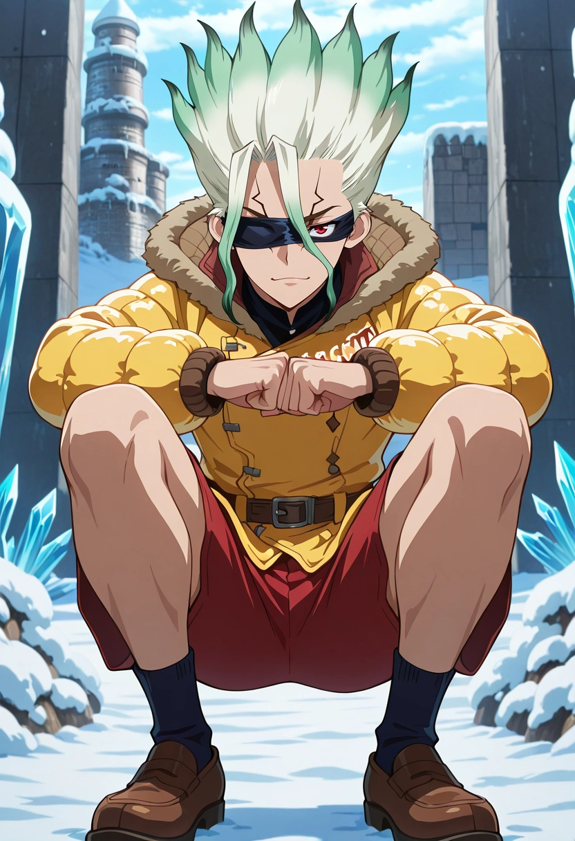 masterpiece, best quality, , anime screencap, , , looking at viewer, 1boy, solo, male focus, <lora:senkuu_ishigami_ilxl:1>, senkuu_ishigami, green hair, red eyes, multicolored hair, two-tone hair, white hair, facial mark, ice fortress, frost walls, snow towers, crystal gates, guard pose, vigilant expression, winter light, Seersucker shorts, Quilted jacket, Boat shoes, , Blindfold and and