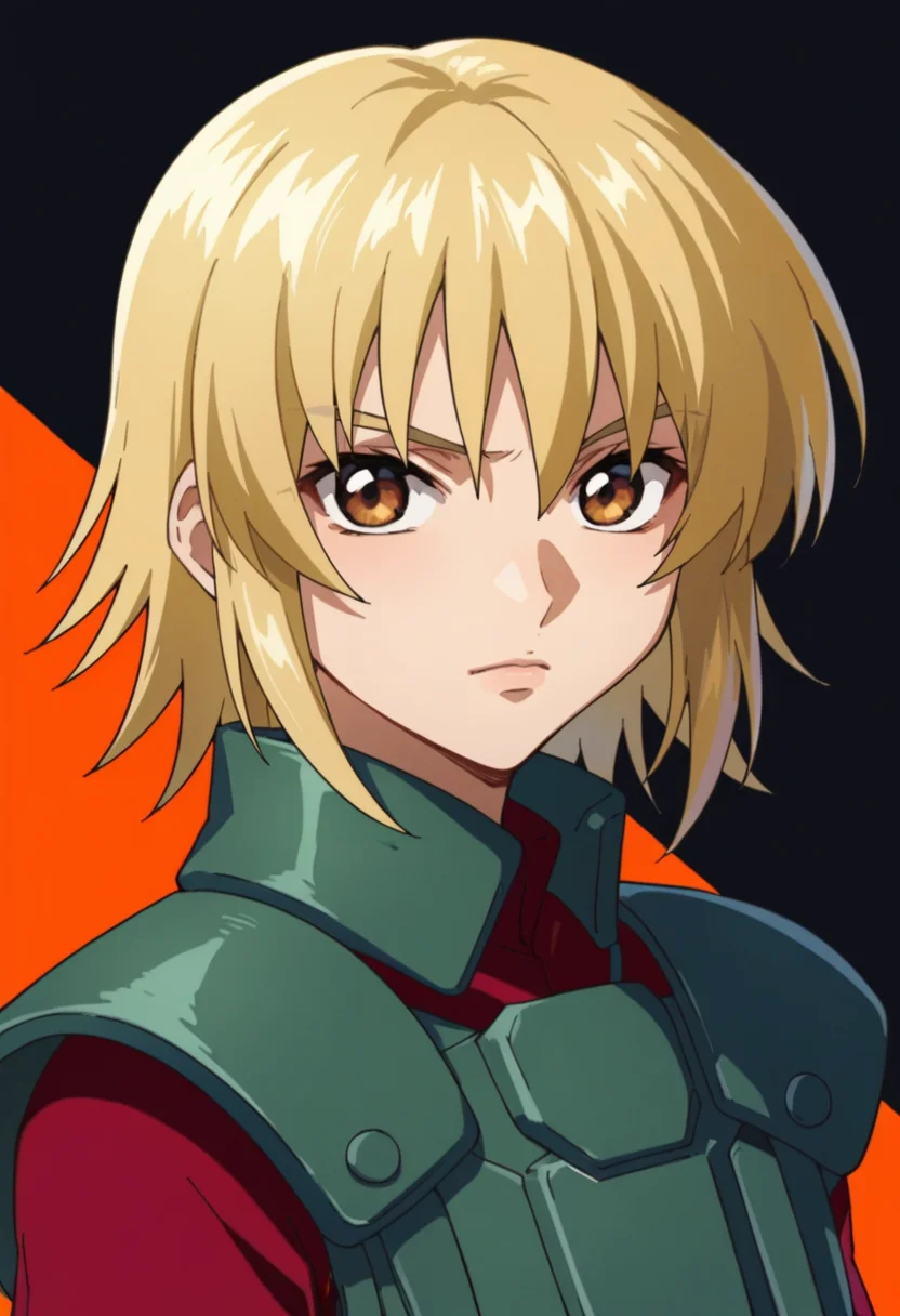 score_9,score_8_up,score_7_up,score_6_up,score_5_up,score_4_up,anime coloring,source_anime,<lora:Cagalli_Yula_Athha_Gundam_SEED_Pony:0.8>,cagalli,1girl,solo,brown eyes,medium hair,blonde hair,red shirt,short sleeves,armor vest,multicolored background,portrait,upper body,looking at viewer,