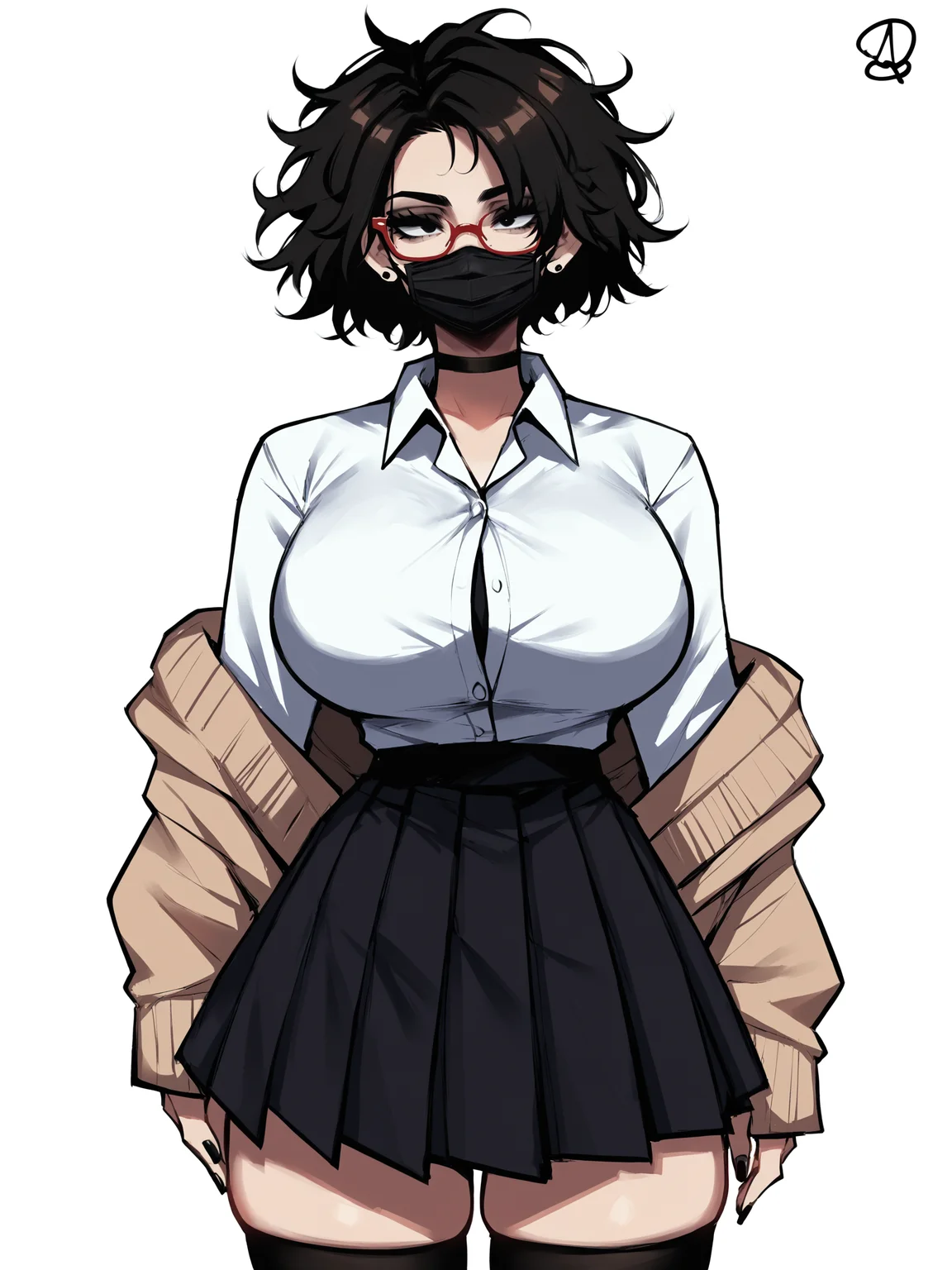 score_9, score_8_up, score_7_up, score_6_up, score_5_up, score_4_up,
BREAK
1girl, (black hair:1.2), bob cut, short hair, tomboy, black eyes, black mouth mask, long eyelashes, half-closed eyes, red-framed eyewear, black choker, messy hair, asymmetrical hair, adult, mature, black eyeliner, ear piercing,
BREAK
solo, standing, huge breasts, adult, broad shoulders, tall, white collared shirt, long sleeves, light brown cardigan, open cardigan, black pleated skirt, black microskirt, black miniskirt, black thighhighs, shirt tucked in, black nails, skinny,
BREAK
(white background:1.2), simple background, <lora:Lunas-Almualim-SDXL-A1:1>