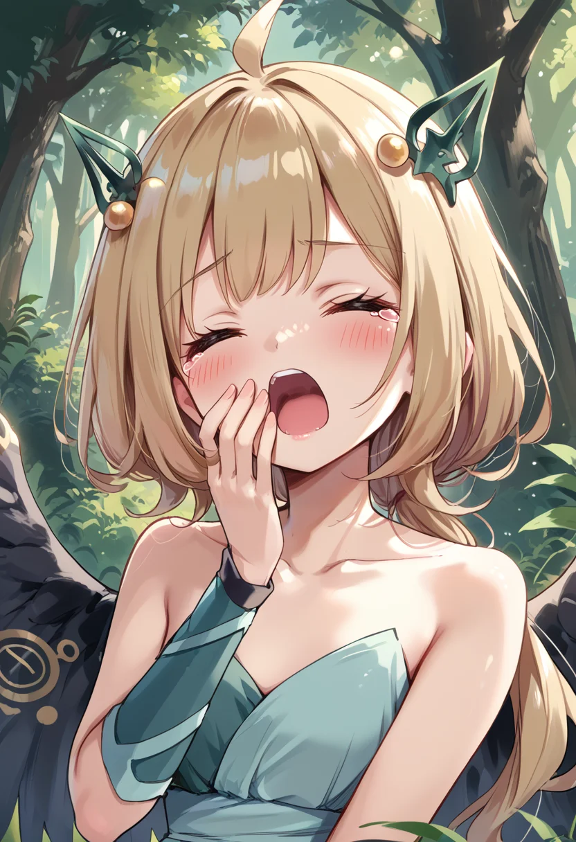 (score_9:0.9),score_8_up,score_7_up,rating_safe,anime style,(zPDXL),(zPDXL3),
<lora:Hugin the Runick Wings ponyXL v1:0.73>,hugin the runick wings,1girl,open mouth,closed eyes,solo,upper body,blush,tears,green vambraces,green hair ornament,yawning,green strapless dress,hand on own mouth,collarbone,minigirl,forest,