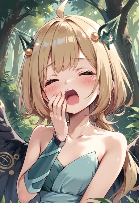 (score_9:0.9),score_8_up,score_7_up,rating_safe,anime style,(zPDXL),(zPDXL3),
<lora:Hugin the Runick Wings ponyXL v1:0.73>,hugin the runick wings,1girl,open mouth,closed eyes,solo,upper body,blush,tears,green vambraces,green hair ornament,yawning,green strapless dress,hand on own mouth,collarbone,minigirl,forest,