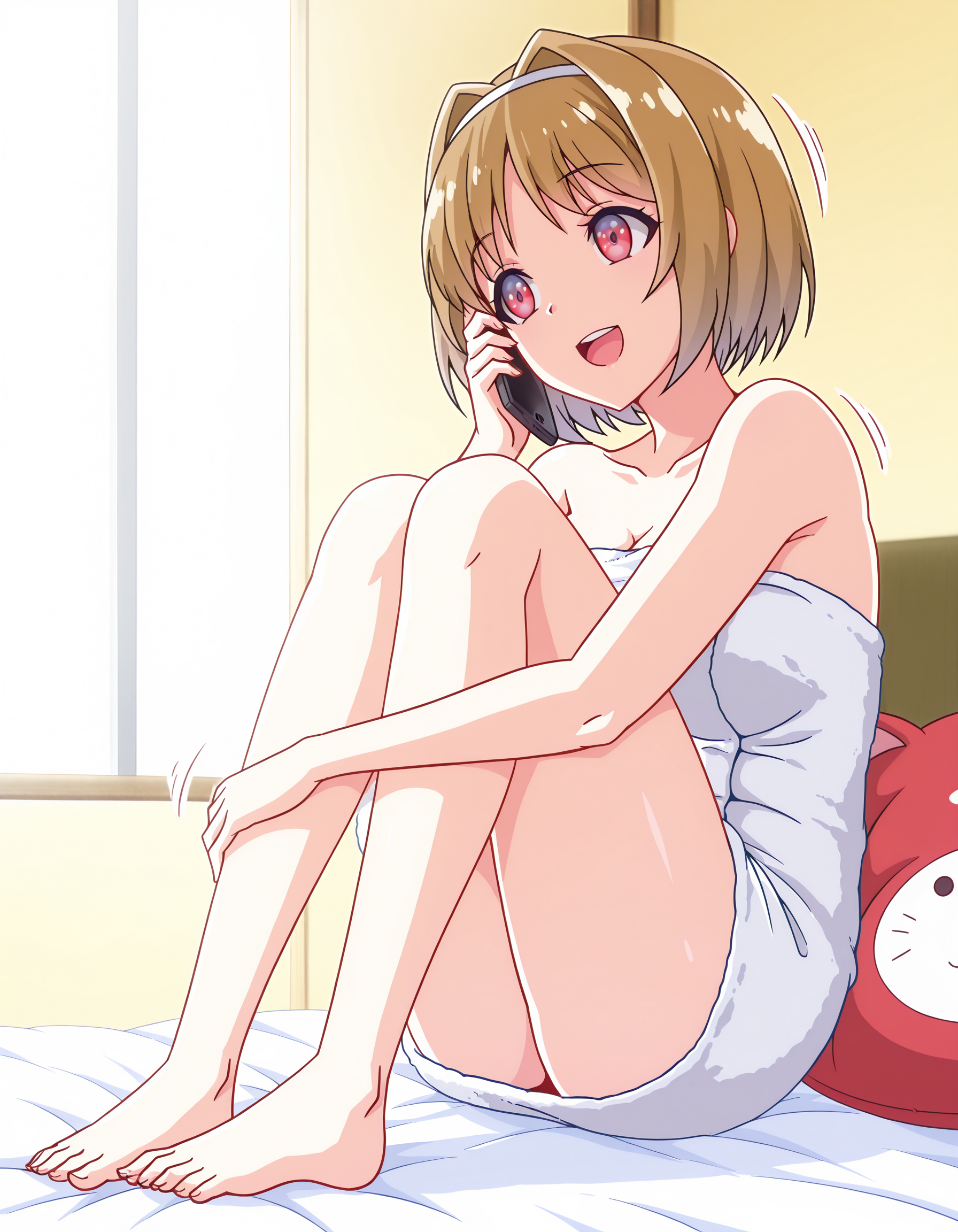 masterpiece,best quality,bus towel,cellphone,on the phone,full body,sitting with knees up,on bed,arm around own legs,smile,open mouth,motion lines,cushion,animal shaped cushion,, <lora:ksd4:1>
ksd,1girl,solo,red eyes,brown hair,short hair,white hairband,hair intakes,bangs