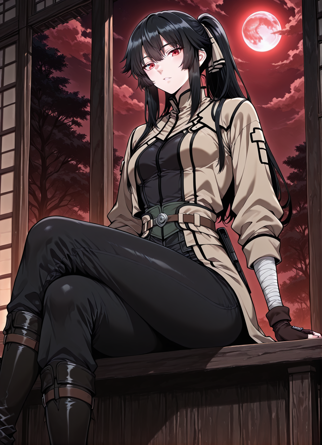 <lora:Jasmine_Flamesworth__The_Beginning_After_the_End__Illustrious:1>
1 girls, solo, red eyes, black hair, long hair, ponytail, bangs, hair between eyes, sidelocks, small breasts
brown jacket, greeb ribbon, fingerless gloves, long sleeves, black pants, black boots, bandages
(Anime_source),Masterpiece,(perfect female body:1.2), small waist,(incredibly detailed:1.4), slim, parted lips, looking at viewer, sitting, crossed legs, red moon, night, <lora:iLLMythG0thicL1nes:1>
