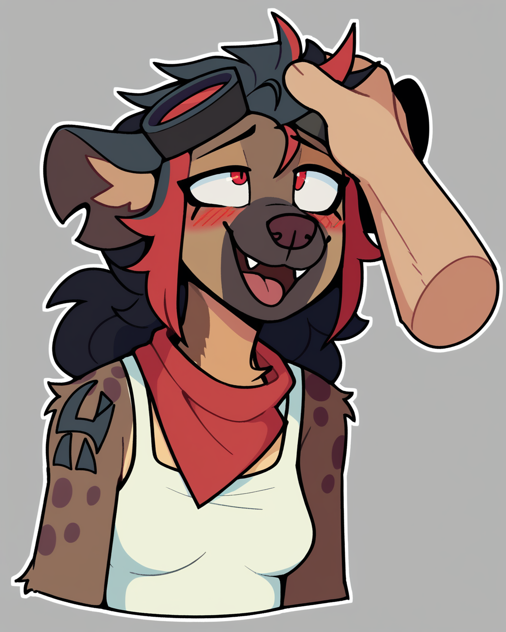 score_9_up, score_8_up, score_7_up, score_6_up, by remanedur, half-length portrait, black hair, red highlights, multicolored hair, medium breasts, furry female, red eyes, female, furry, hyena, looking up, happy, blush, smile white tank top, shoulder tattoo, long hair, markings, red neckerchief, shorts, midriff, tail, brown body, solo, narrowed eyes, disembodied hand, petting, petting head, head pat, open mouth, panting, looking pleasured,  tongue out,  goggles on head, smile, notched ear,  three-quarter view, head tilt, simple background, white outline, <lora:Leah_Pines(AIM)_XL_v1:0.15> <lora:PDXL_artist_tags_v2_big:0.5> <lora:The-Minuscule-Task_PDXL_v1.0:0.6>  <lora:Robin_zorronine:0.55>