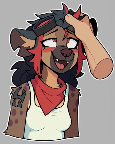 score_9_up, score_8_up, score_7_up, score_6_up, by remanedur, half-length portrait, black hair, red highlights, multicolored hair, medium breasts, furry female, red eyes, female, furry, hyena, looking up, happy, blush, smile white tank top, shoulder tattoo, long hair, markings, red neckerchief, shorts, midriff, tail, brown body, solo, narrowed eyes, disembodied hand, petting, petting head, head pat, open mouth, panting, looking pleasured, tongue out, goggles on head, smile, notched ear, three-quarter view, head tilt, simple background, white outline, <lora:Leah_Pines(AIM)_XL_v1:0.15> <lora:PDXL_artist_tags_v2_big:0.5> <lora:The-Minuscule-Task_PDXL_v1.0:0.6> <lora:Robin_zorronine:0.55>