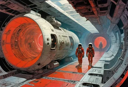 enki bilal, philippe druillet, moebius inspired heavy metal art, cell shading look, drawn with ink, scifi setting, Panoramic shot, two astronauts walk through a circular corridor of a space station, the corridor is shrouded in red light, it is an abandoned space station, there are missing covers on the wall and many cables and hoses can be seen, derelict