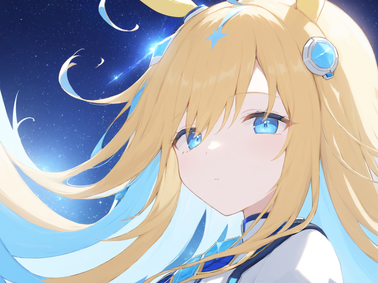 (masterpiece),(highest quality),highres,(an extremely delicate and beautiful),(extremely detailed), solo, Neo Universe \(umamusume\), single ear cover, portrait  <lora:UmaDiffusionXL-768x1024:1>
