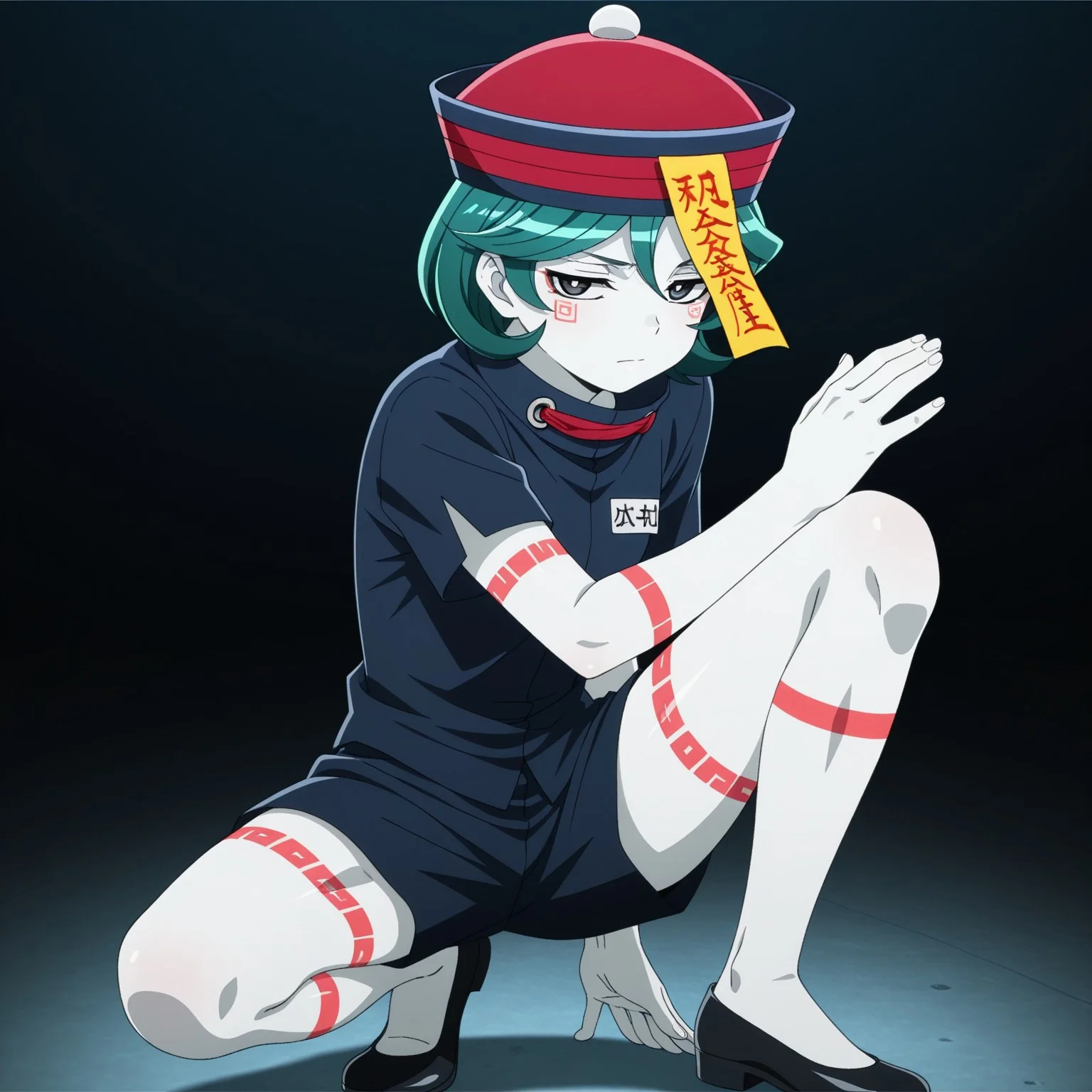 masterpiece,best quality,masterpiece,best quality,amazing quality,good quality, absurdres,anime coloring,multicolor, flat color,beautiful eyes,detailed eyes,detailed pupils,perfect eyes,solo,1boy,upa (nanbaka),jiangshi,white skin, green hair,short hair,(black eyes:1.2),qing guanmao,ofuda,talisman,black shirt,short sleeves,black shorts,black footwear,half-closed eyes,closed mouth,fighting stance,black background