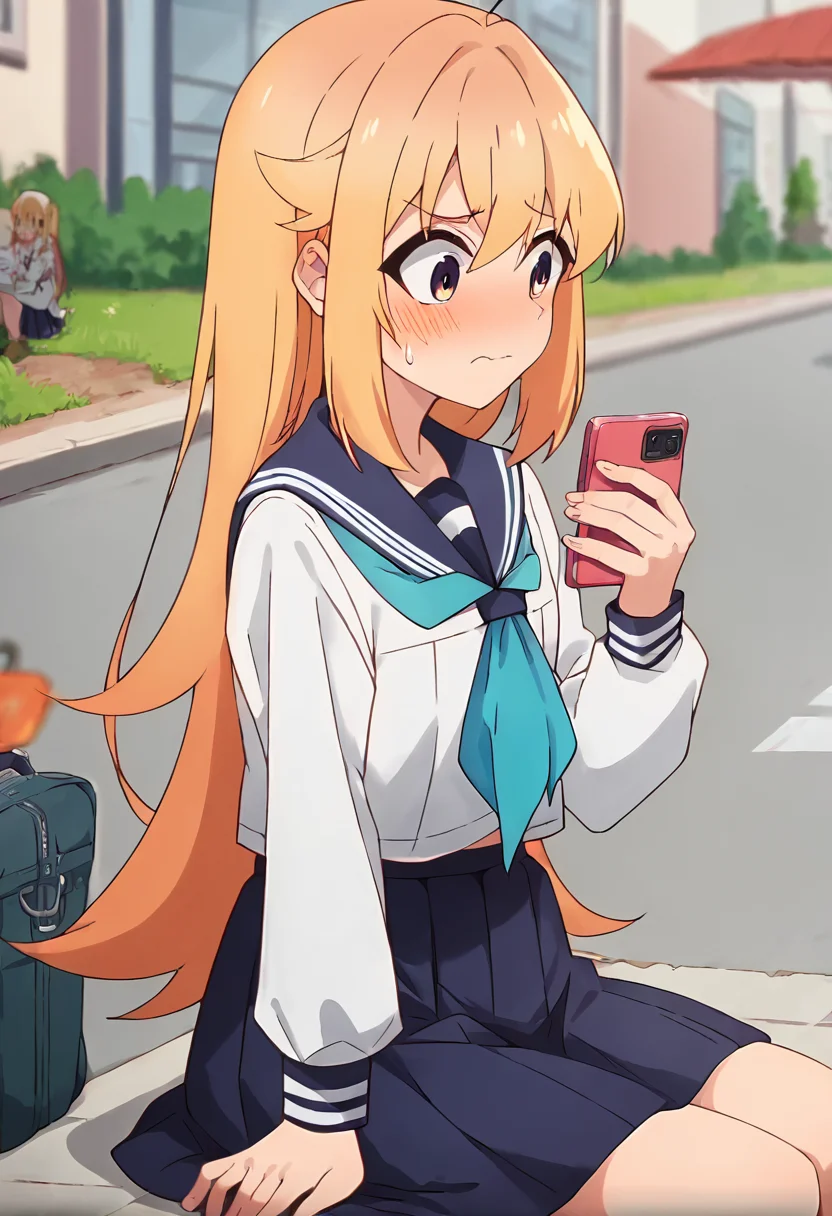 score_9, score_8_up, score_7_up, source_anime, masterpiece, 1girl, ctiank0shi, serafuku, sailor collar, blue neckerchief, skirt, long sleeves, outdoors, sunny, city, depth of field, <lora:Koshi_Torako_pony_ct:1>, sitting, sweatdrop, nervous, blush, holding phone,