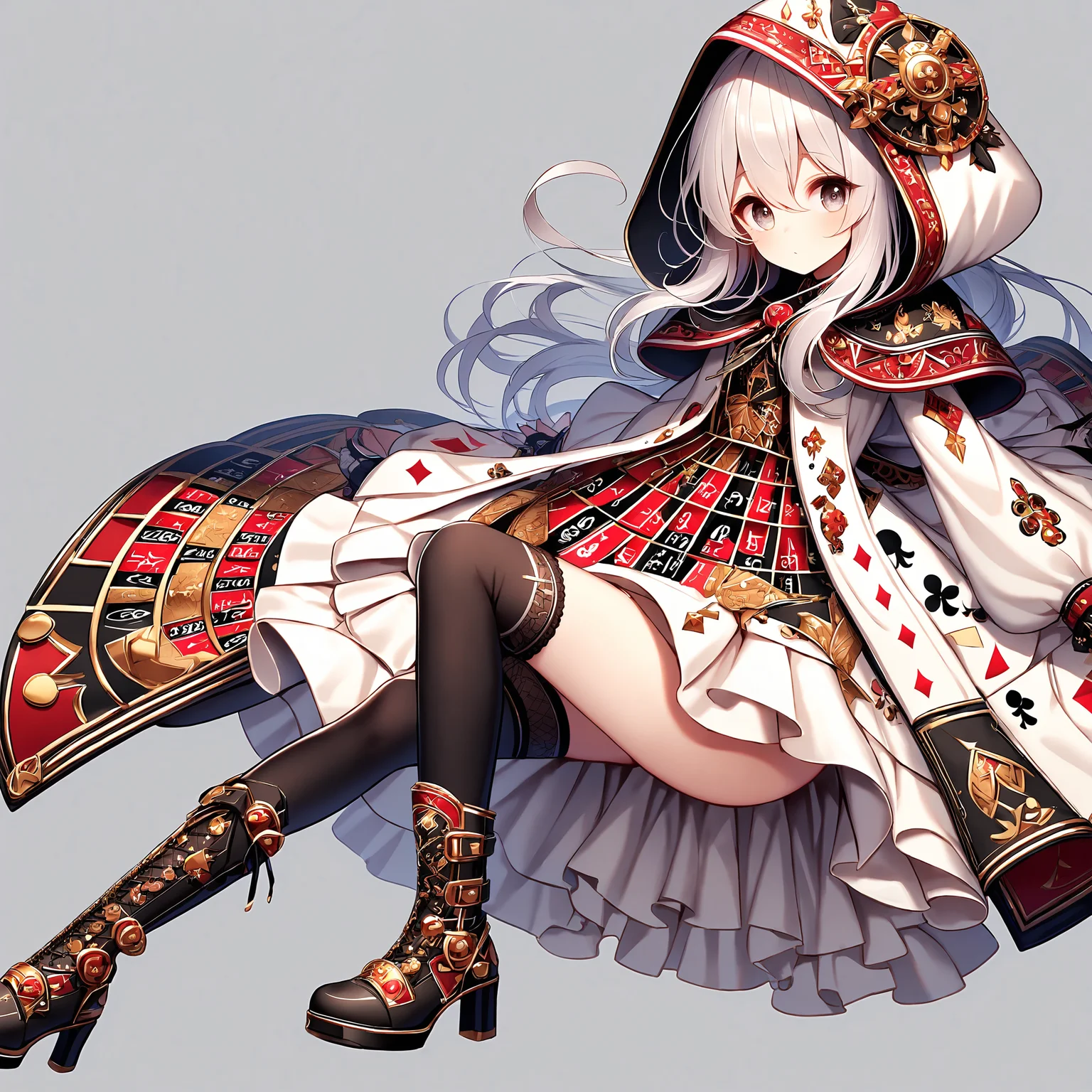 <lora:kajinoishou_xl_v1:1>, kajinoishou, 1girl, solo, gloves, long hair, white background, thighhighs, white hood, white dress, white gloves, simple background, high heels, boots, long sleeves, looking at viewer, hood up, bangs, full body, hair between eyes, high heel boots, asymmetrical legwear, capelet, single thighhigh, light grey hair, blush, light grey eyes, light grey skin, black thighhighs, closed mouth, print hood, print dress, print sleeves, print leg wear, frills, <lora:Fixhands_anime_bdsqlsz_V1:1>