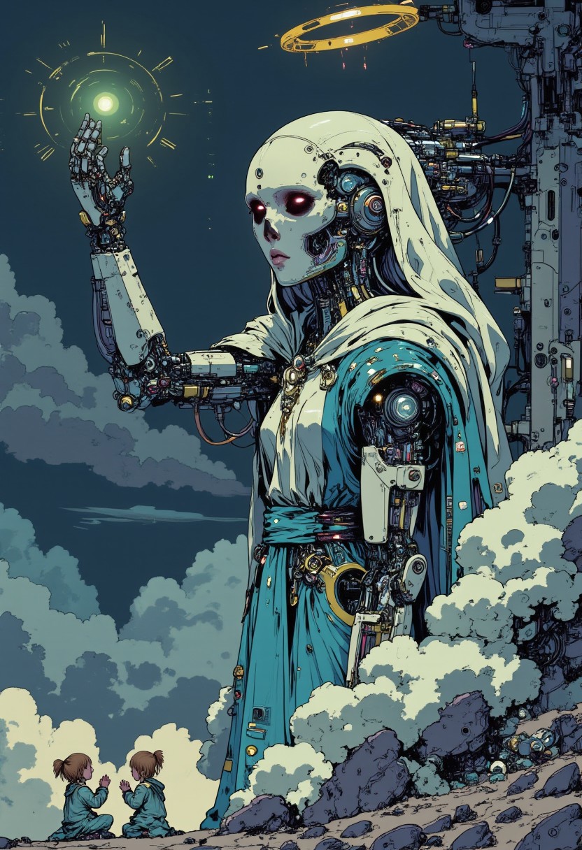 in the style of cksc, studio anime art, detailed ink sketch, high quality digital illustration.  A cybernetic Virgin Mary floats against a backdrop of dark, stormy clouds, illuminated by a soft, ethereal light. Her face, half-covered by a silver helmet with intricate filigree, contrasts the gentle human features with stark mechanical components. Her left arm is entirely cybernetic, with exposed wiring and a polished chrome finish, resembling a delicate exoskeleton. The right side of her body is wrapped in flowing blue and white silk robes, interlaced with glowing cables and circuitry. Her halo, instead of a simple golden disk, features rotating digital symbols and holographic icons. At her feet, small robotic cherubs kneel, their tiny mechanical hands clasped in prayer. The entire scene is a blend of medieval iconography with a cyberpunk aesthetic, creating a striking juxtaposition of the sacred and the technological. The art style is highly detailed, in the vein of futurist anime, capturing the beauty of the cyborg girl and the mechanical complexity of her exposed skull.