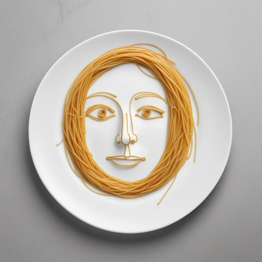 from above, minimalist, empty dinner plate, line drawing of a face made using strings of spaghetti, masterpiece, best quality, ultra realistic,32k,RAW photo,detail skin, 8k uhd,high quality, ,