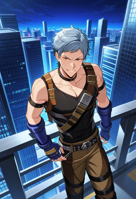 1boy, male focus,
<lora:Character - Helios Rising Heroes - Asch AlbrightIllust:1> aschalbright, blue hair, orange eyes
. zPDXL, best quality, great aesthetic, absurdres, year2023, uncensored, score_9,
outdoor, city, black tank top, fingerless gloves, blue gloves, belt, brown pants, belt, standing, night, belts, smirk,